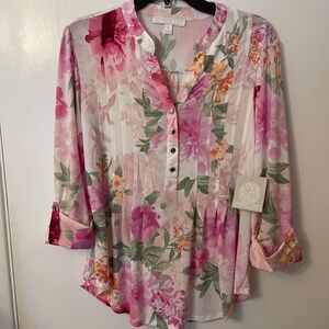 Juniper + Lime Floral Top Blouse roll tab sleeves NWT